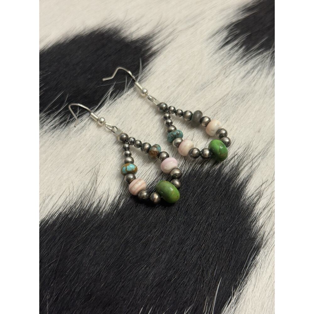 Native American Sterling Silver Navajo Pearl Pink Conch Turquoise Green Earrings - Picture 6 of 7